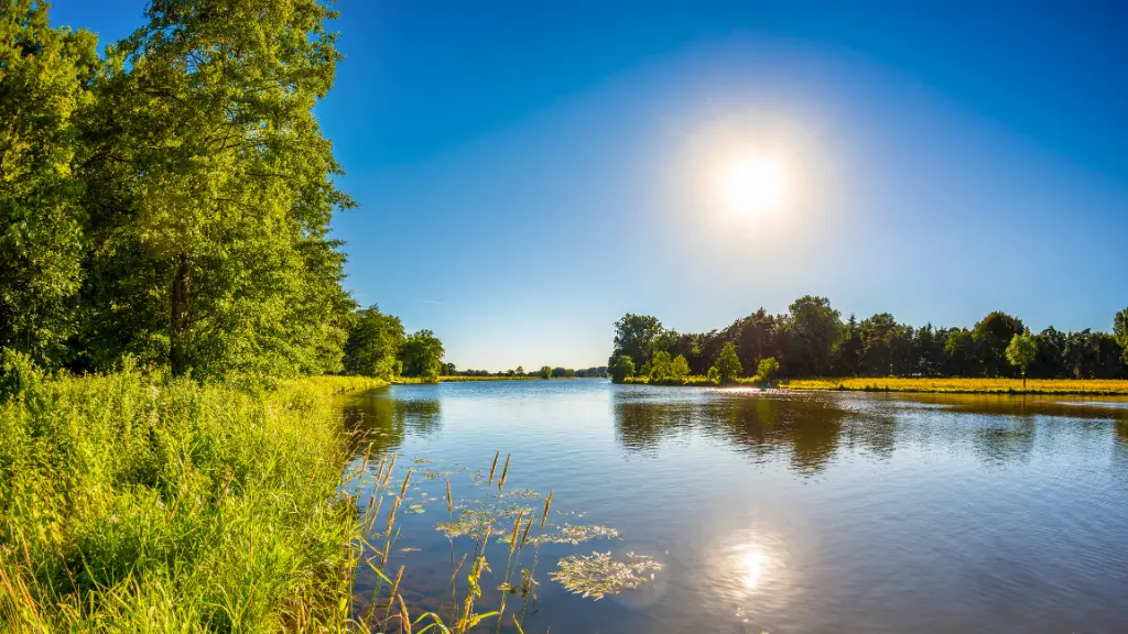 Sommerlandschaft mit Bäumen, Wiesen, Fluss und strahlender Sonne