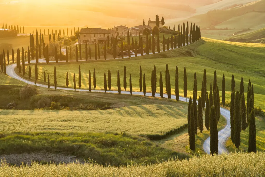 Landschaftsaufnahme bei Sonnenuntergang in den Crete Senesi (Senese Clays) bei Siena in der Toskana (Italien)