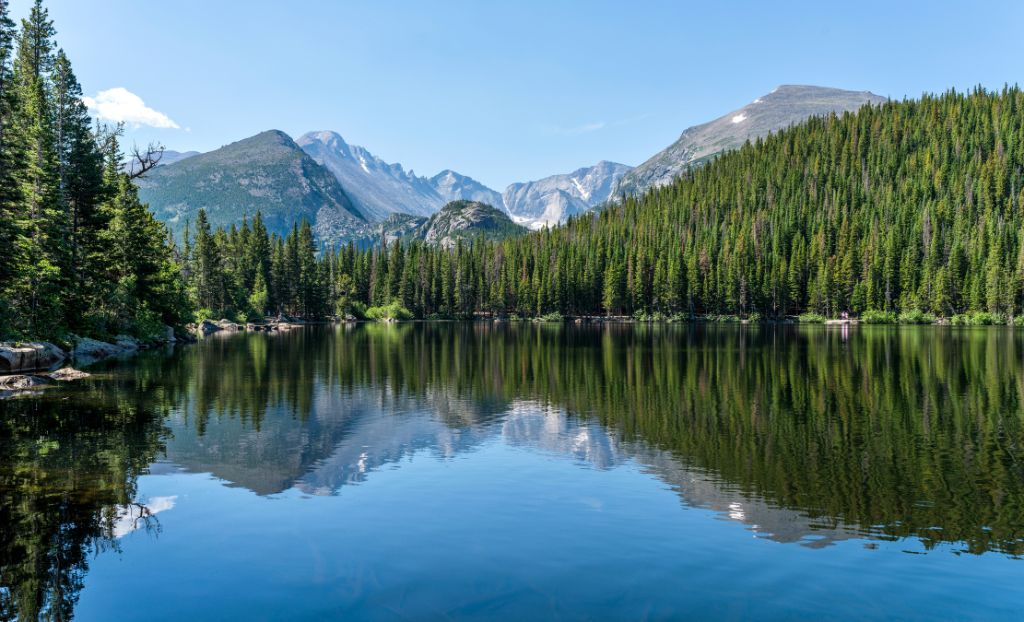 Longs Peak und Glacier Gorge spiegeln sich im Blue Bear Lake an einem ruhigen Sommermorgen, Rocky Mountain National Park, Colorado, USA.
