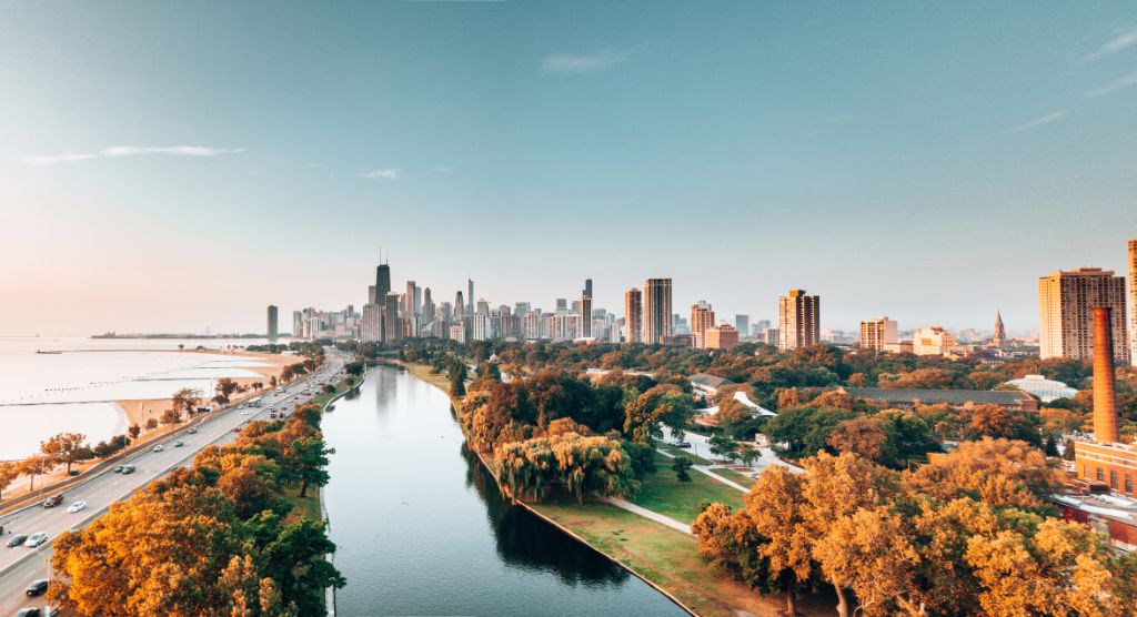 skyline von chicago vom park aus