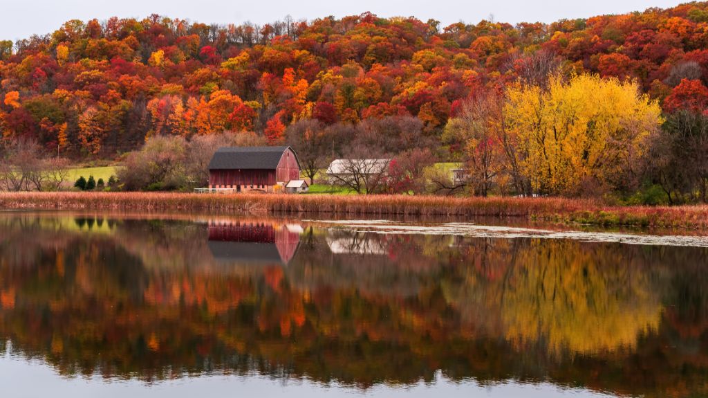 Reflexion der roten Scheune im Herbst im südlichen Minnesota